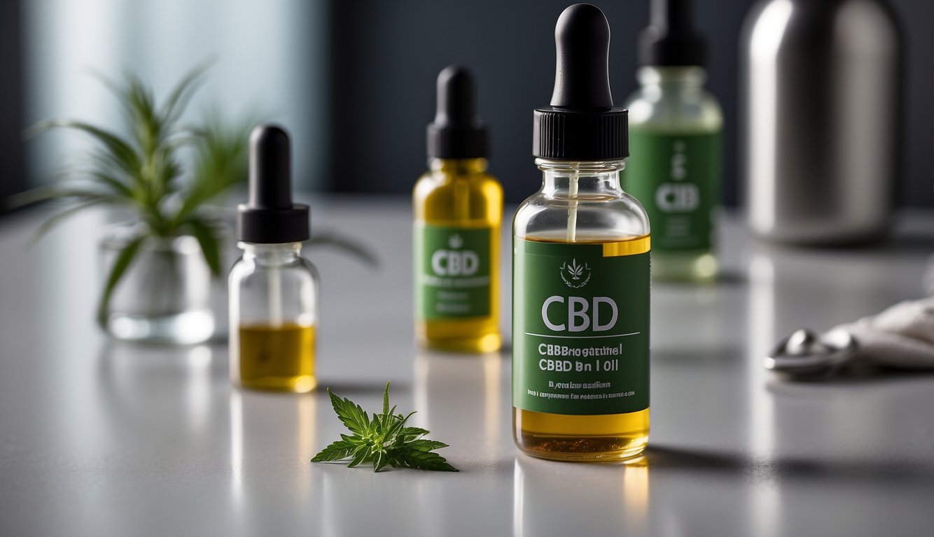 Eine Flasche CBD-Öl steht auf einer sauberen, weißen Arbeitsplatte, umgeben von Tropfenzählern und einem kleinen Messbecher. Das Etikett auf der Flasche ist klar und leicht zu lesen 