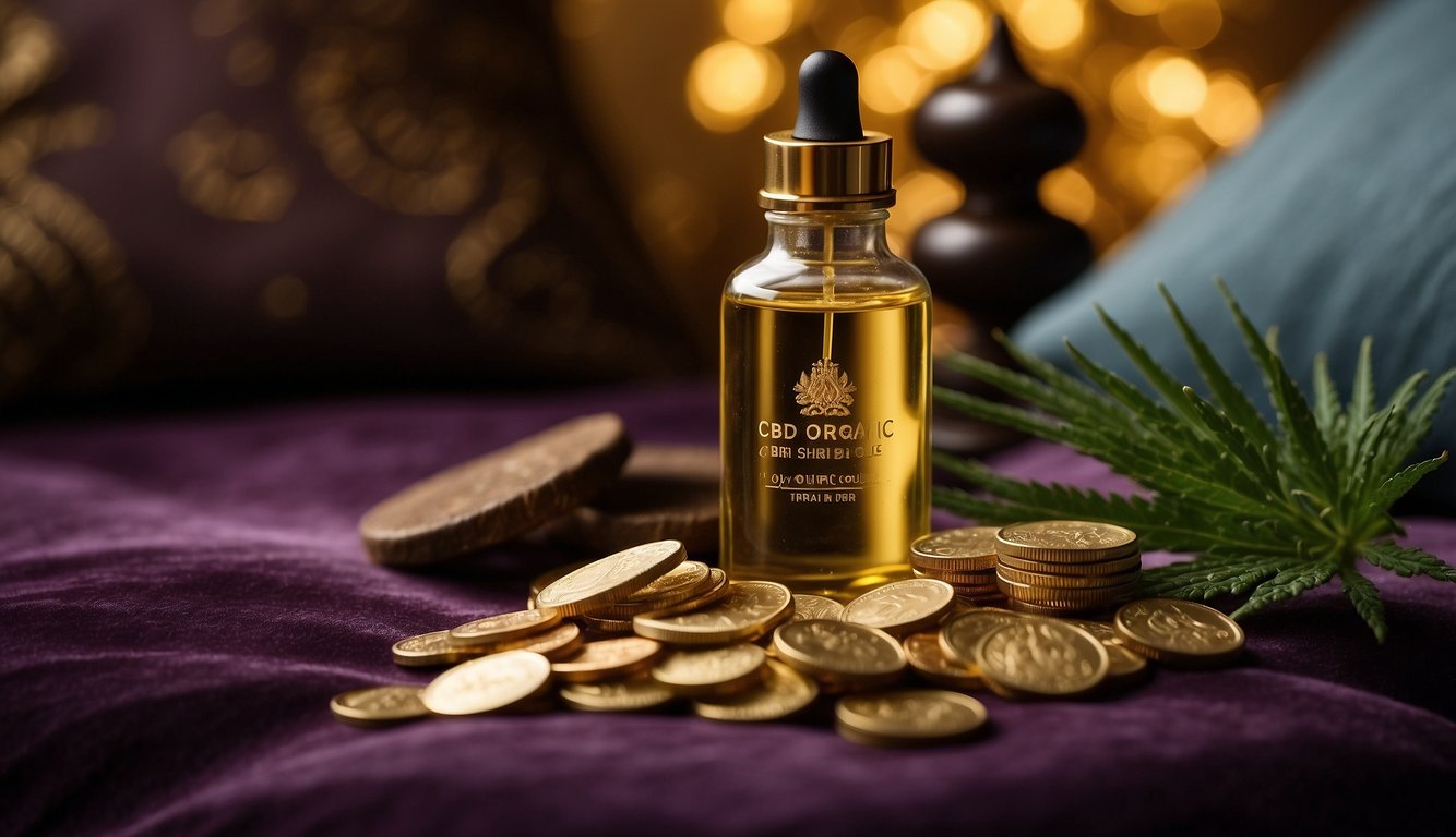 A small bottle of CBD oil sits on a luxurious velvet cushion, surrounded by golden coins and precious gemstones. Its label proudly displays the words "100% organic" and "high potency"