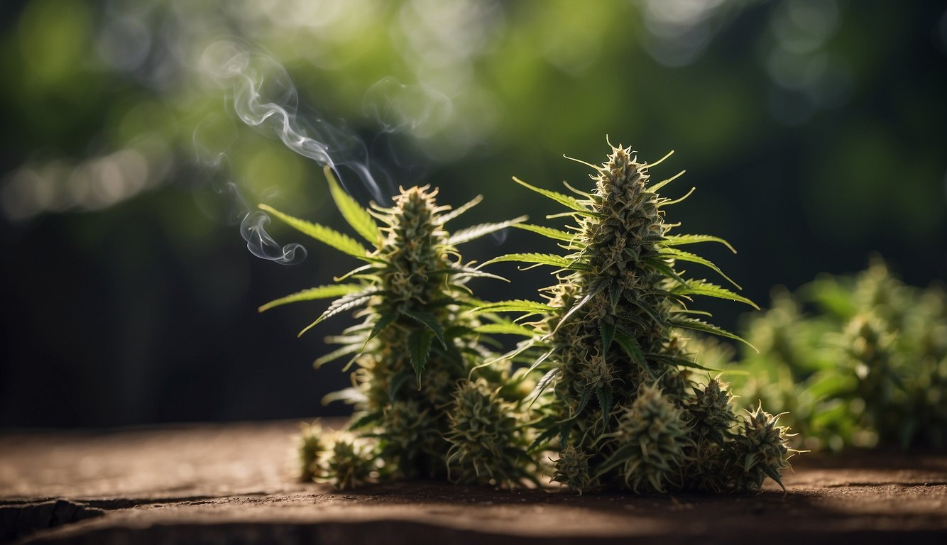 Eine Szene mit zwei verschiedenen Pflanzen, von denen die eine CBD und die andere Cannabis darstellt, die beim Rauchen unterschiedliche Düfte verströmen