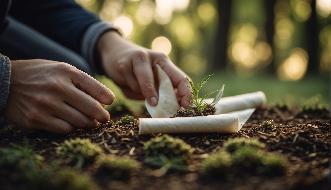 Eine Hand rollt Papier um gemahlene CBD und verdreht die Enden