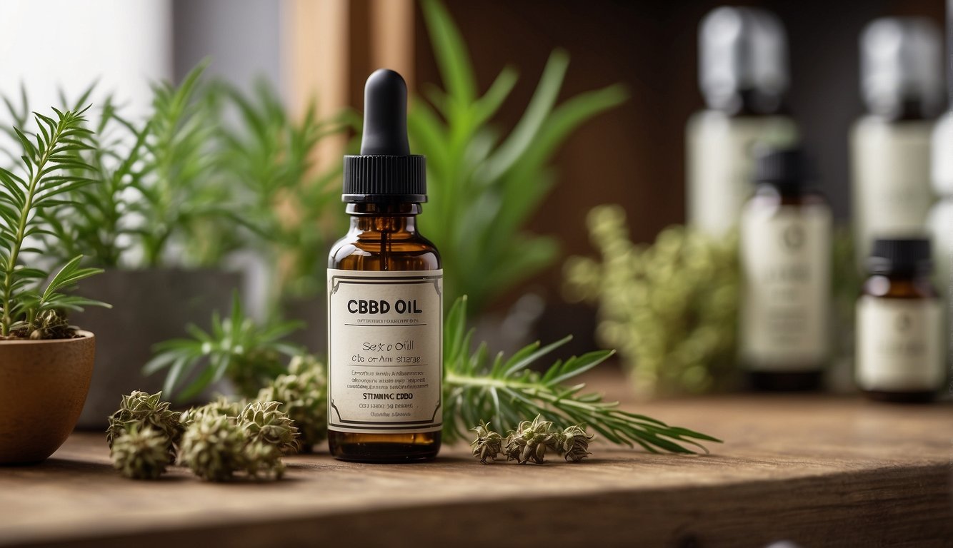 In einem Regal steht eine Flasche CBD-Öl, die mit Hinweisen zur Verwendung und Lagerung versehen ist. Das Öl ist von natürlichen Elementen wie Pflanzen und Kräutern umgeben, um seine biologische Herkunft zu verdeutlichen