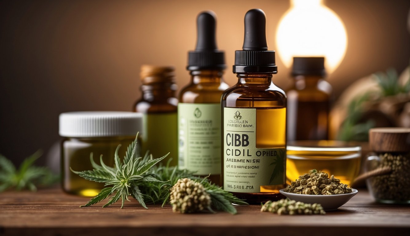 Eine Flasche CBD-Öl steht in einem Holzregal, umgeben von anderen natürlichen Gesundheitsprodukten. Das Etikett auf der Flasche ist deutlich sichtbar, und ein sanftes Licht beleuchtet die Szene
