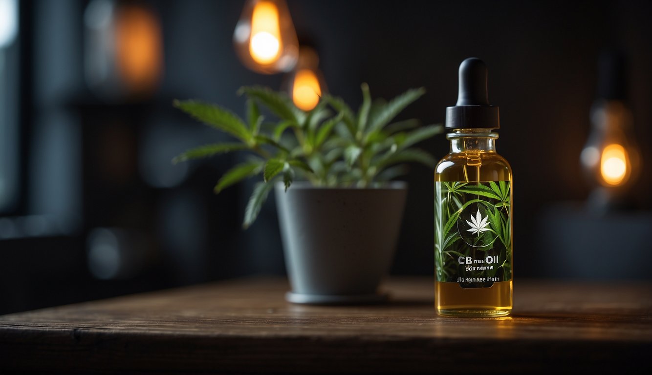 Eine Glasflasche mit CBD-Öl steht auf einem Holzregal in einem kühlen, dunklen Raum, fern von direktem Sonnenlicht und Wärmequellen.