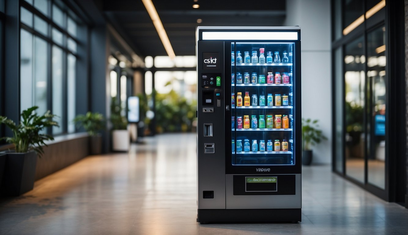 Ein CBD-Automat steht in einem modernen, gut beleuchteten Raum, mit klarer Beschilderung und einem eleganten Design. Qualitätskontrollzertifikate sind gut sichtbar angebracht