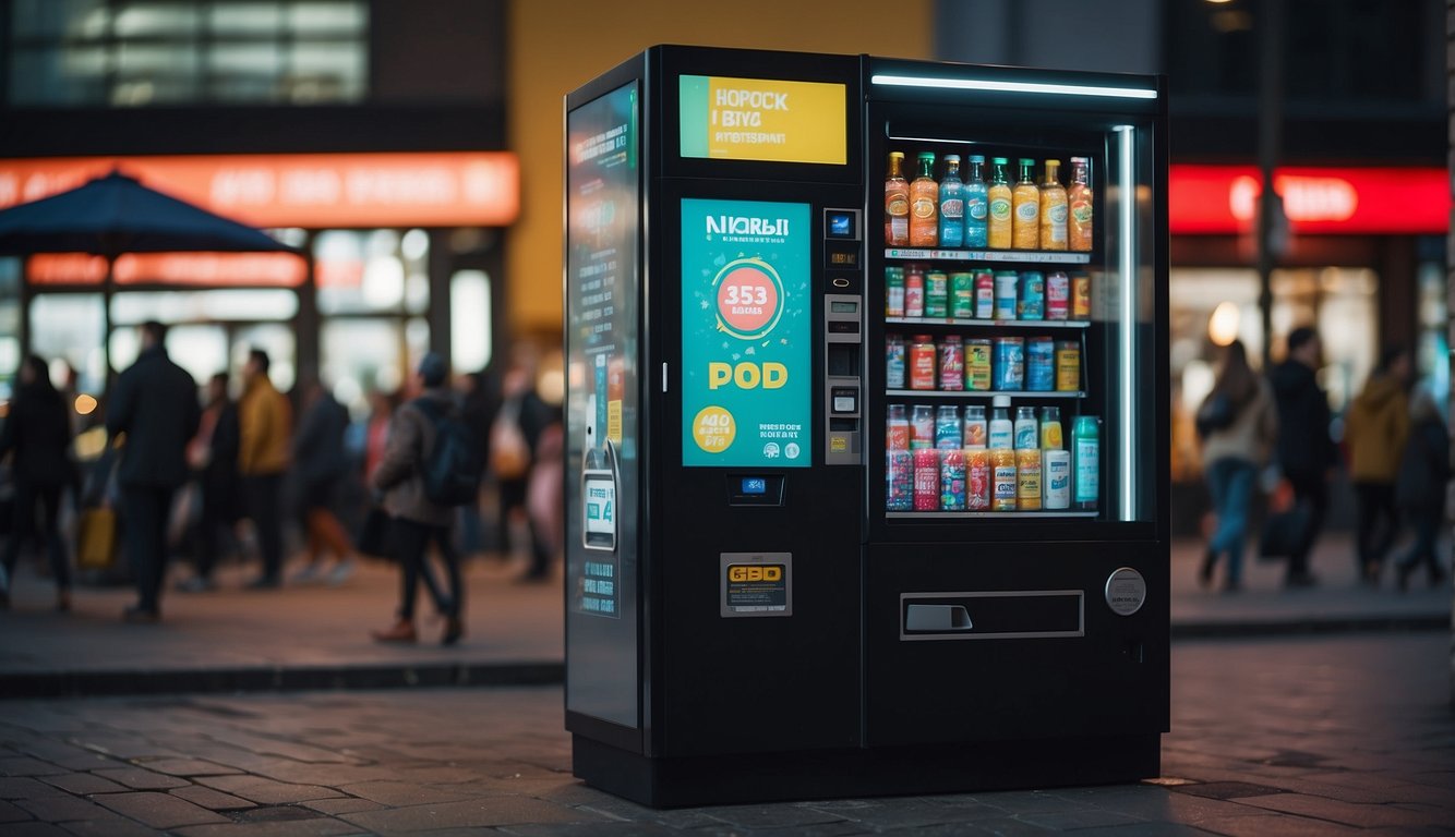 Ein CBD-Automat steht in einem belebten Stadtgebiet, mit einem hellen, auffälligen Display und klaren Anweisungen für die Kunden, ihre Einkäufe zu tätigen