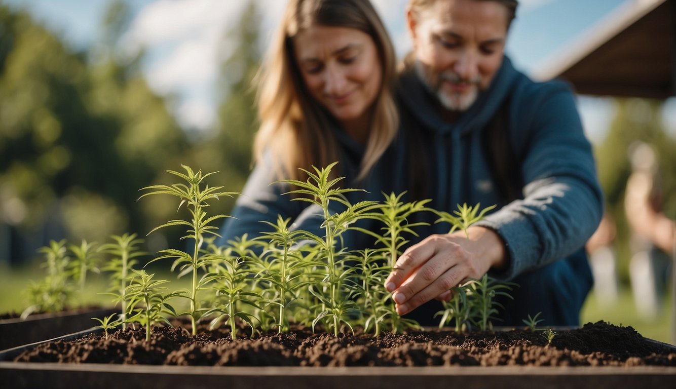 Eine Person, die eine CBD-Pflanze in einem Garten anpflanzt und pflegt