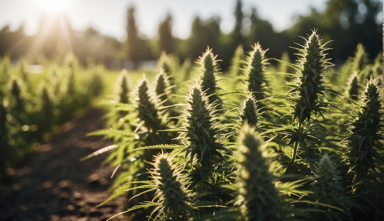 Ein üppiges Feld mit CBD-Pflanzen wächst in der Sonne, umgeben von hohen Zäunen und Bewässerungsanlagen