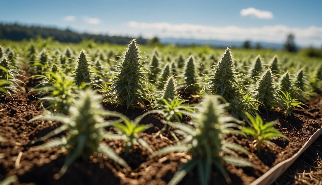 Pflege und Ernte von CBD-Pflanzen in einem üppigen, sonnenbeschienenen Garten. Reihen gesunder, grüner Pflanzen, die in den Himmel ragen, umgeben von fruchtbarem Boden und klarem, blauem Himmel