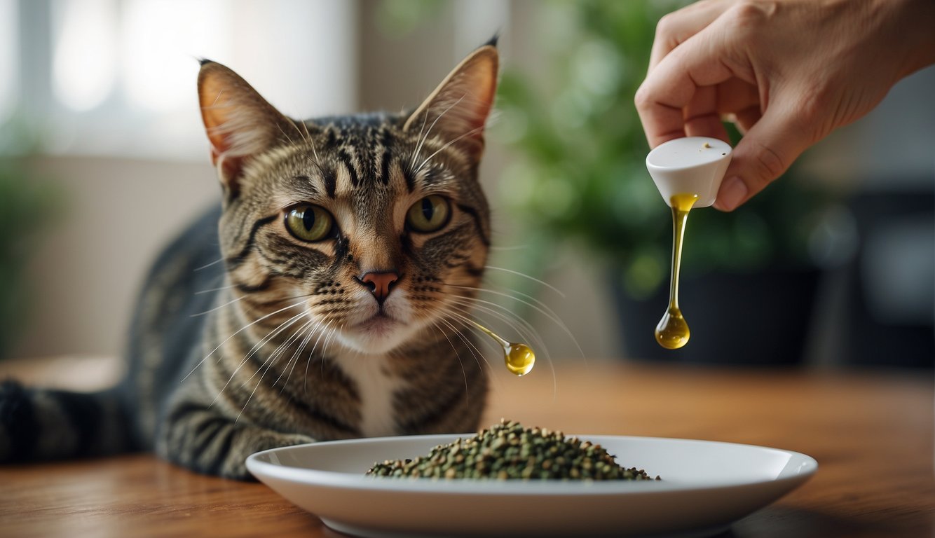 Eine Katze schlürft eifrig CBD-Öl aus einer Schale, ihr Schwanz wedelt zufrieden, während die beruhigende Wirkung einsetzt