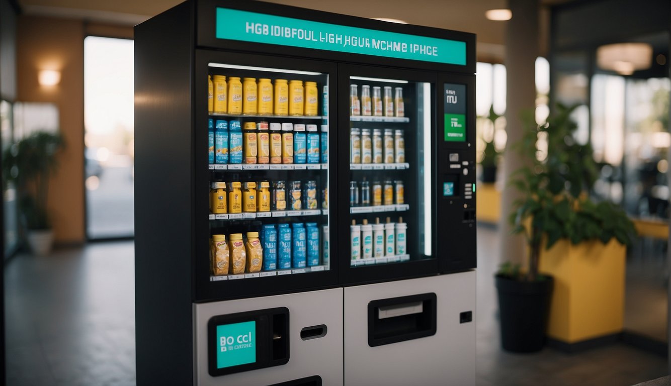 Ein CBD-Automat gibt Produkte aus. Er hat eine digitale Anzeige und akzeptiert Zahlungen. Der Automat befindet sich in einem modernen, gut beleuchteten Bereich