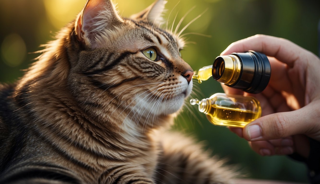 Verabreichung von CBD-Öl an eine Katze, mit klarem Fokus auf den Prozess und die Auswirkungen des Öls auf den Körper der Katze