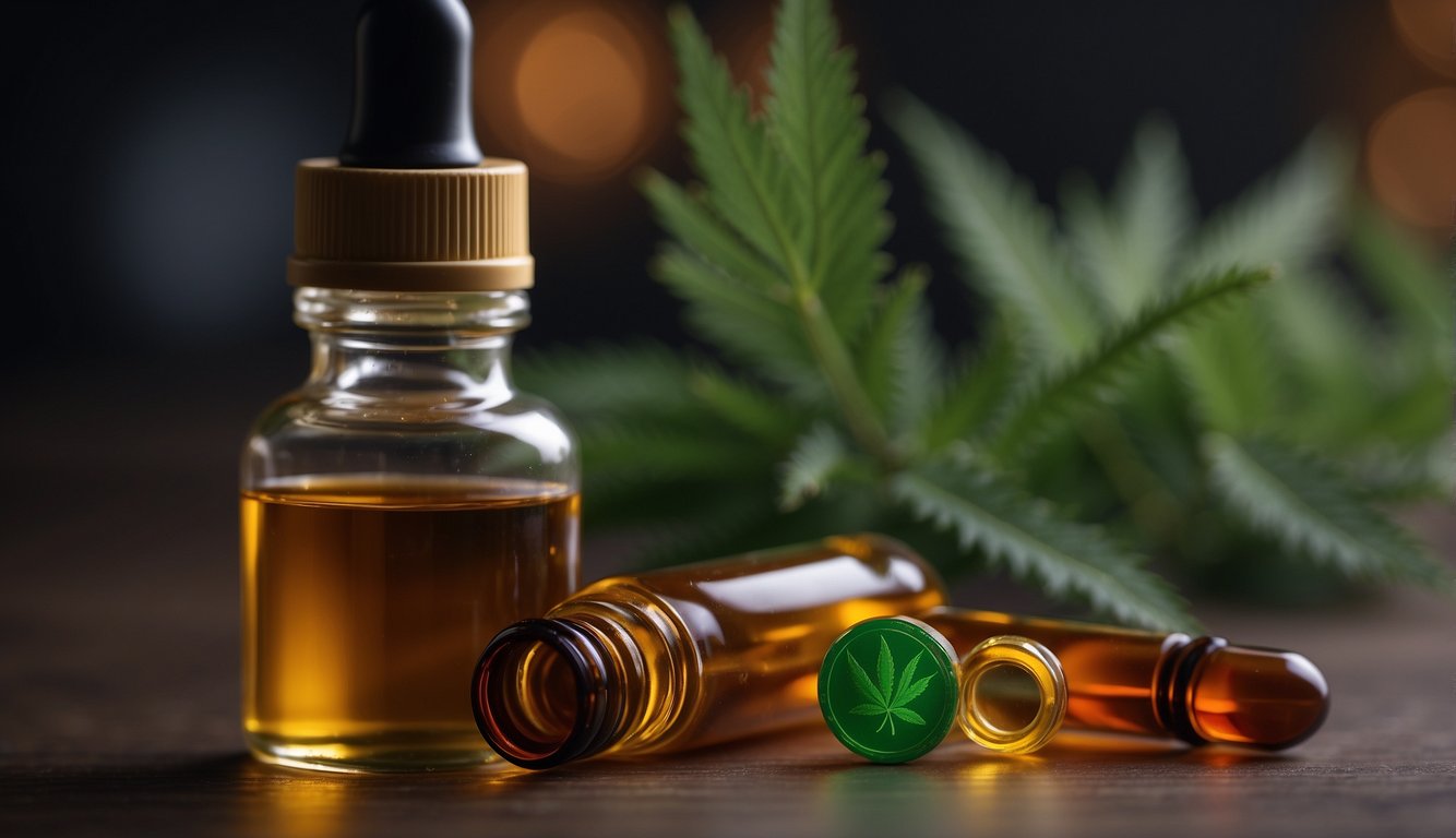 CBD hat Wechselwirkungen mit Medikamenten. Veranschaulichen Sie eine Pillenflasche mit einem Warnhinweis und eine CBD-Ölflasche. Zeigen Sie ein rotes "X" über bestimmten Pillen
