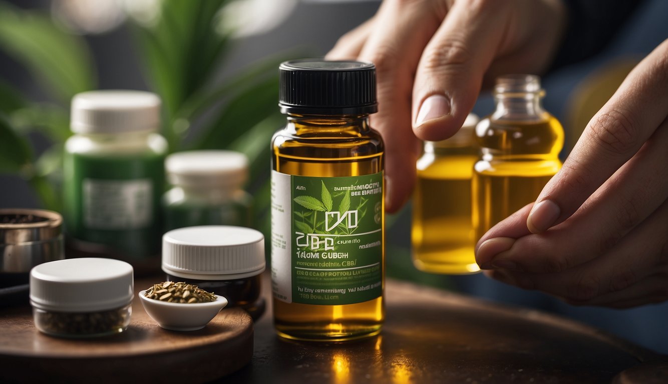Eine Person liest sorgfältig die Etiketten verschiedener Medikamente neben einer Flasche CBD-Öl