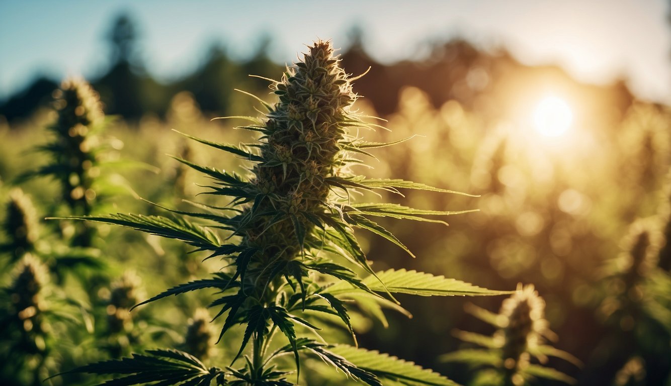 Eine Cannabispflanze mit hohem CBD-Gehalt, die in einem sonnenüberfluteten Feld andere überragt 