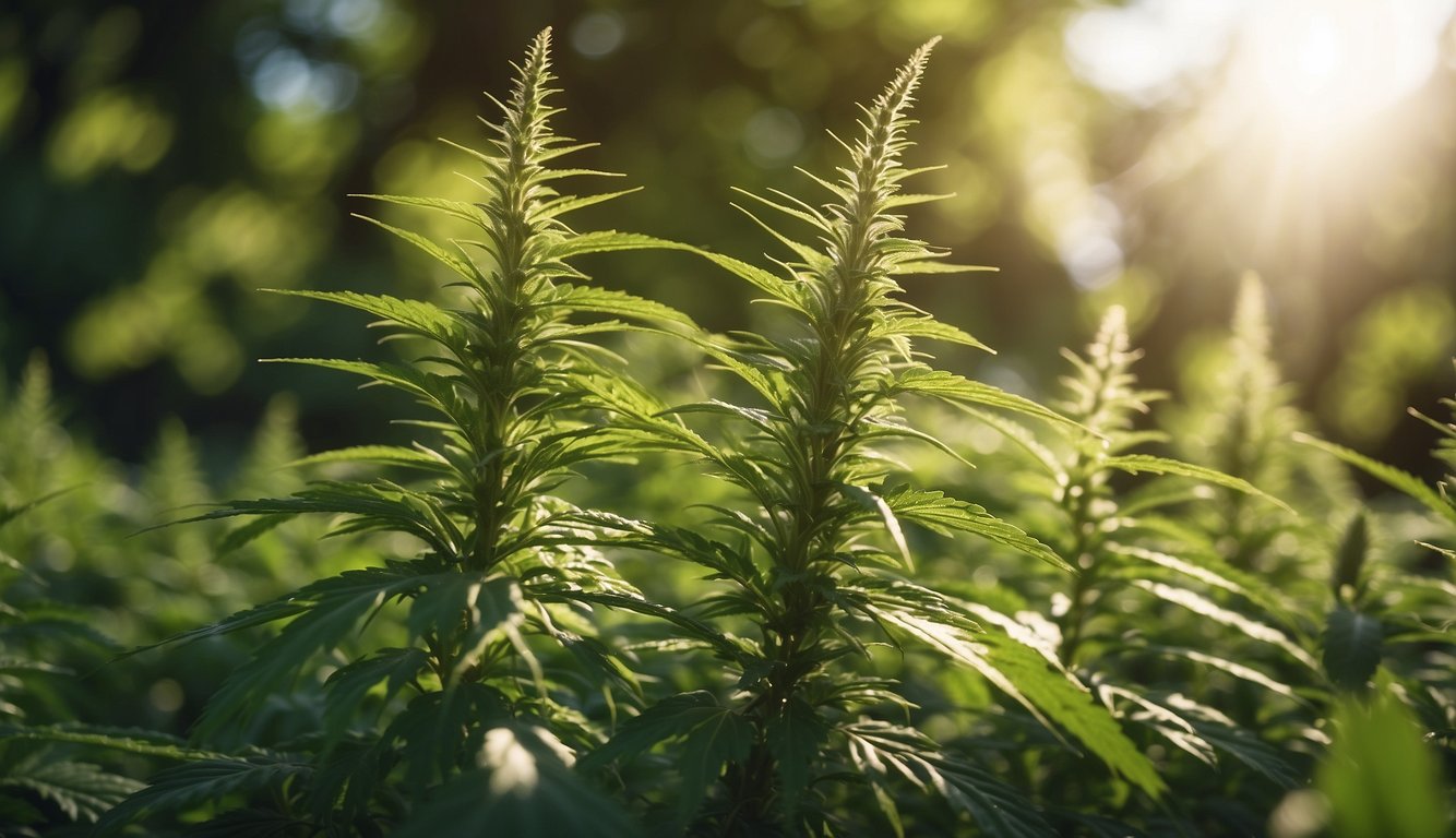 Ein üppiges Feld mit hoch aufragenden CBD-Pflanzen, deren leuchtend grüne Blätter im Sonnenlicht glitzern. Die Luft ist schwer von dem süßen, erdigen Aroma der potenten Sorte 