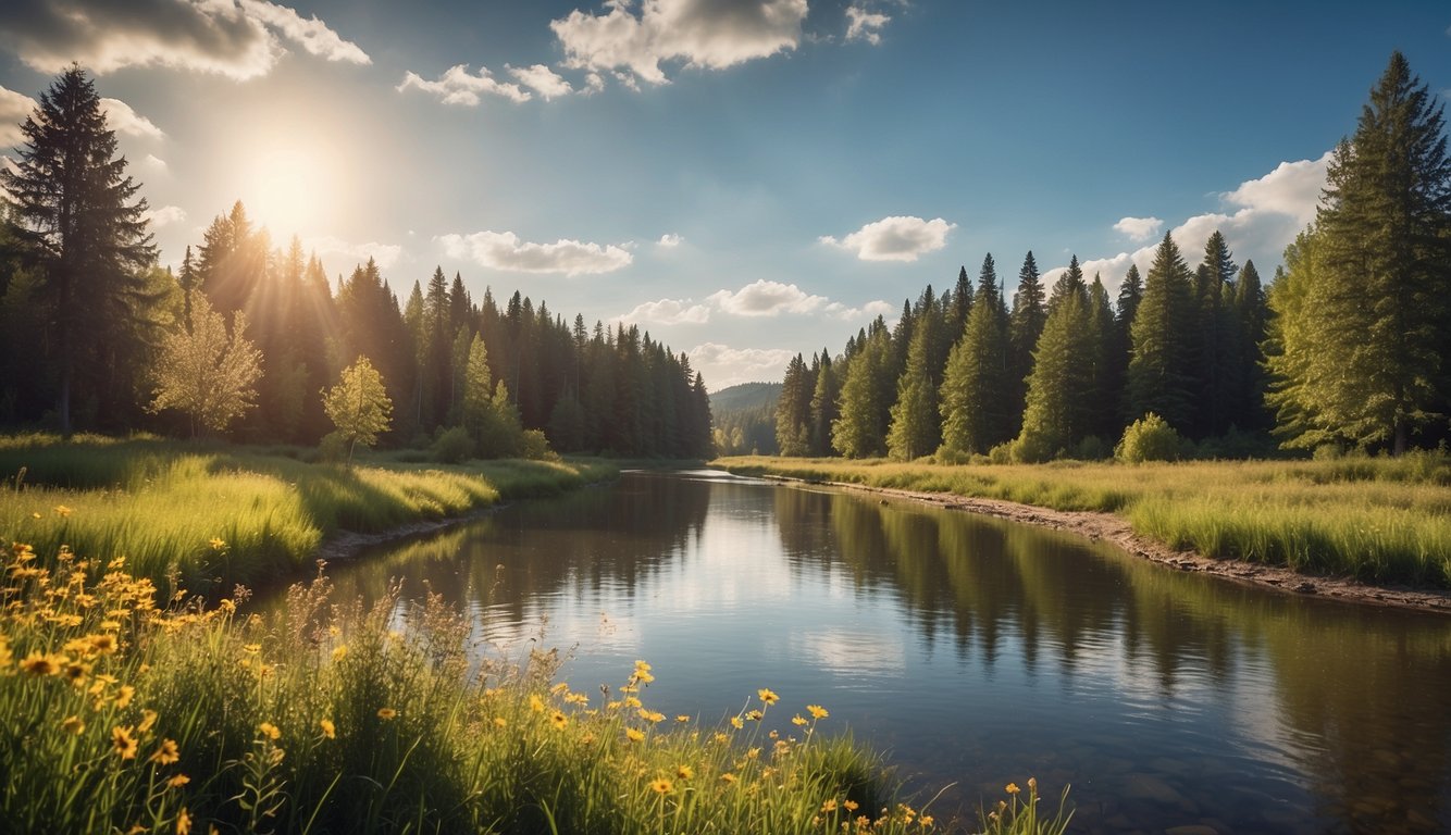 Eine heitere Landschaft mit einem ruhigen Fluss, der durch üppige grüne Felder fließt, umgeben von hohen Bäumen und bunten Wildblumen. Der Himmel ist klar, die Sonne scheint sanft und in der Ferne fliegen Vögel 