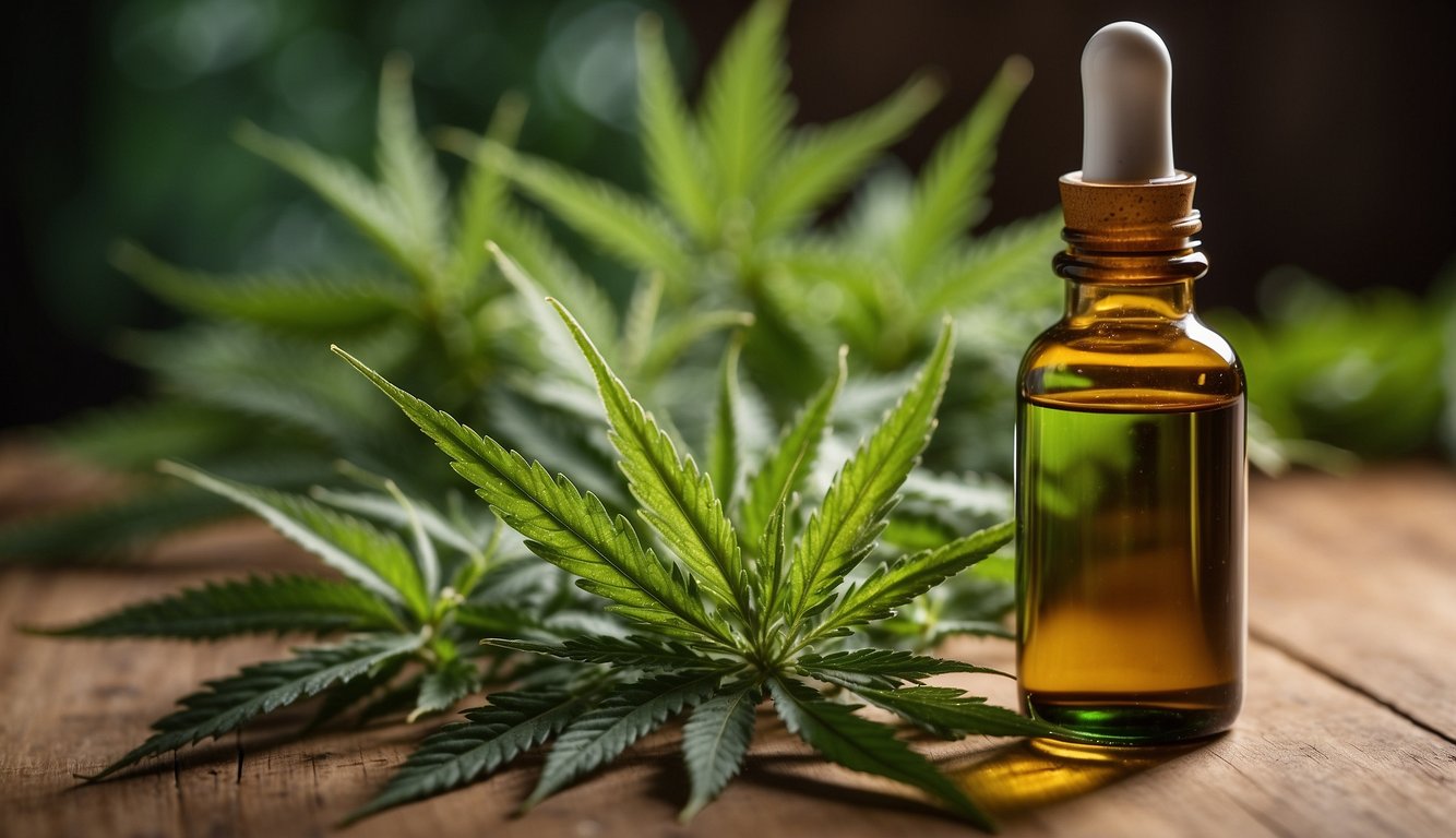 Eine Flasche CBD-Öl steht auf einem Holztisch, umgeben von grünen Hanfblättern und einem wissenschaftlichen Forschungspapier über die Vorteile von CBD 